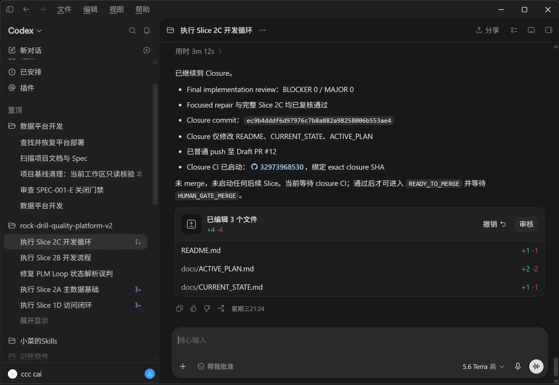 Codex 执行 Slice 2C closure 的真实工作界面